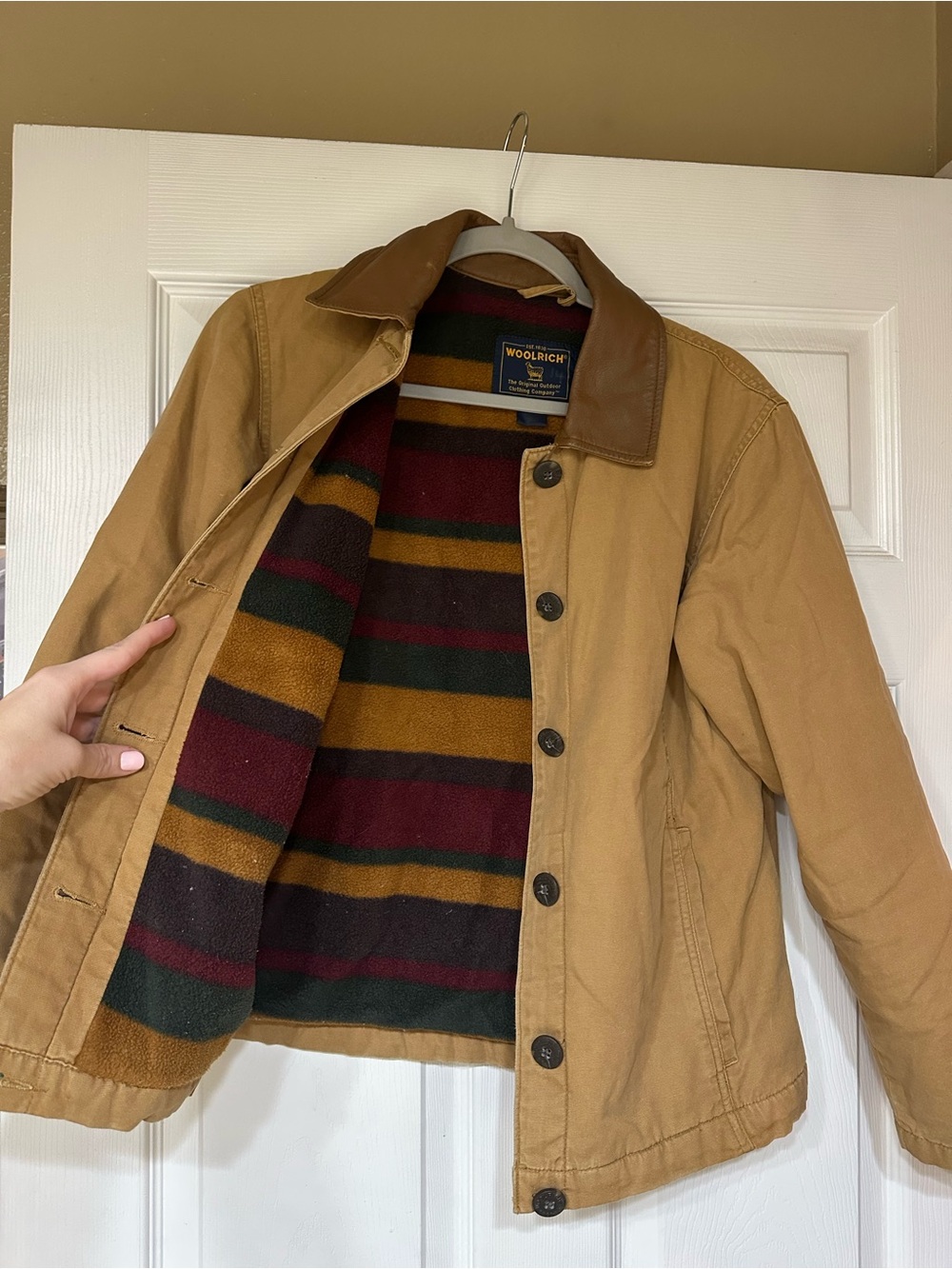 Tan Canvas Woolrich Jacket - Leather collar/ fleece lined - Picture 6 of 7